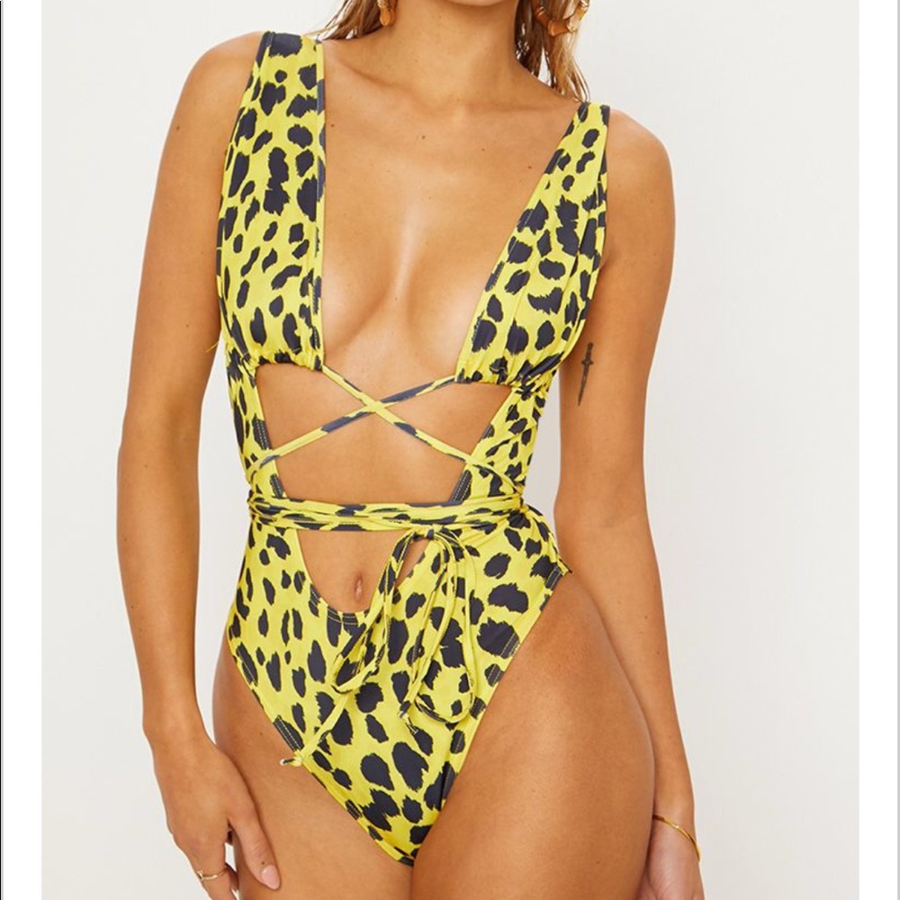Sexy plunging high waist leg leopard monokini S